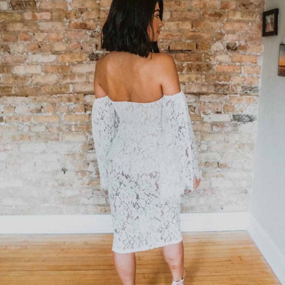 White midi off-the-shoulder lace dress - Picture 4 of 10